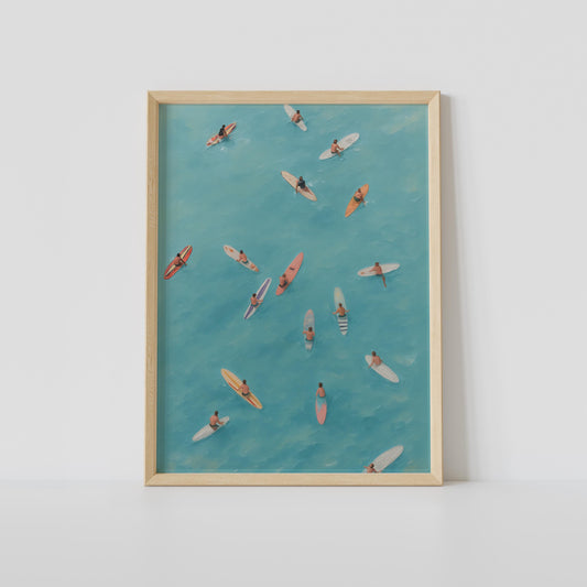 Surferzy na oceanie — letni plakat coastal