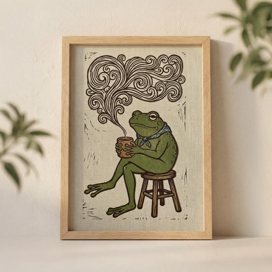Żaba z poranną kawą — plakat cottagecore