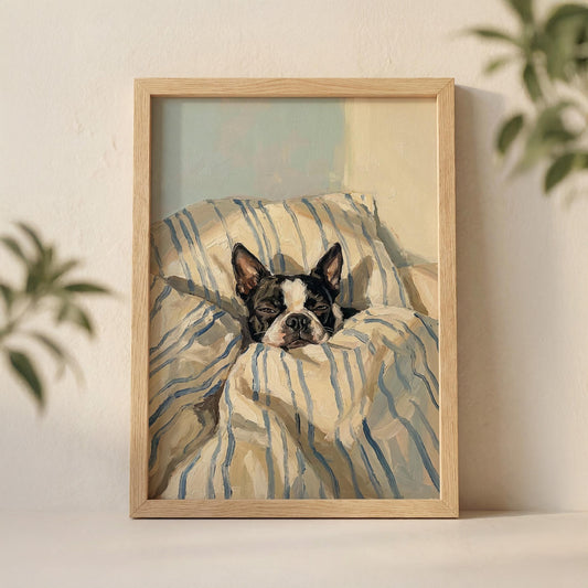 Śpiący boston terrier — przytulny plakat do sypialni