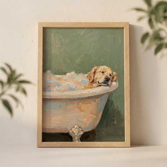 Golden retriever w kąpieli SPA — plakat do łazienki