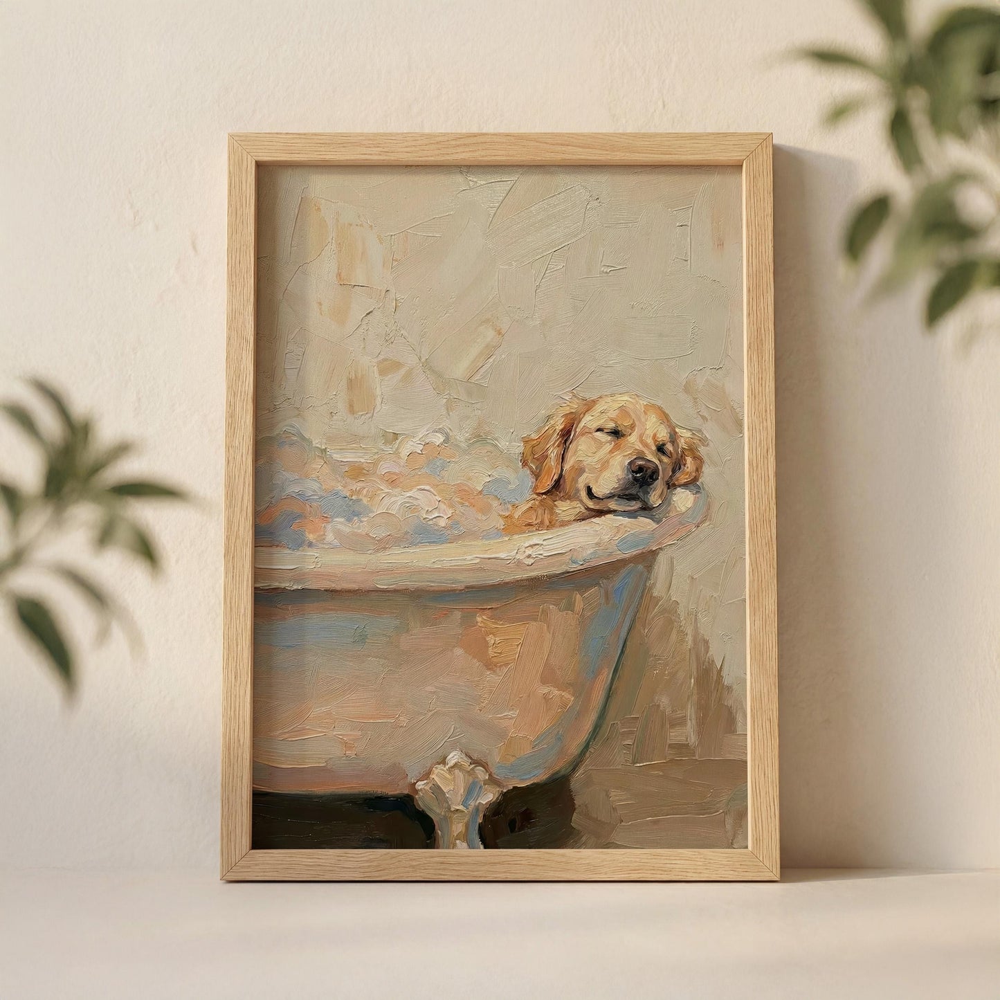 Golden retriever śpiący w wannie — plakat do łazienki