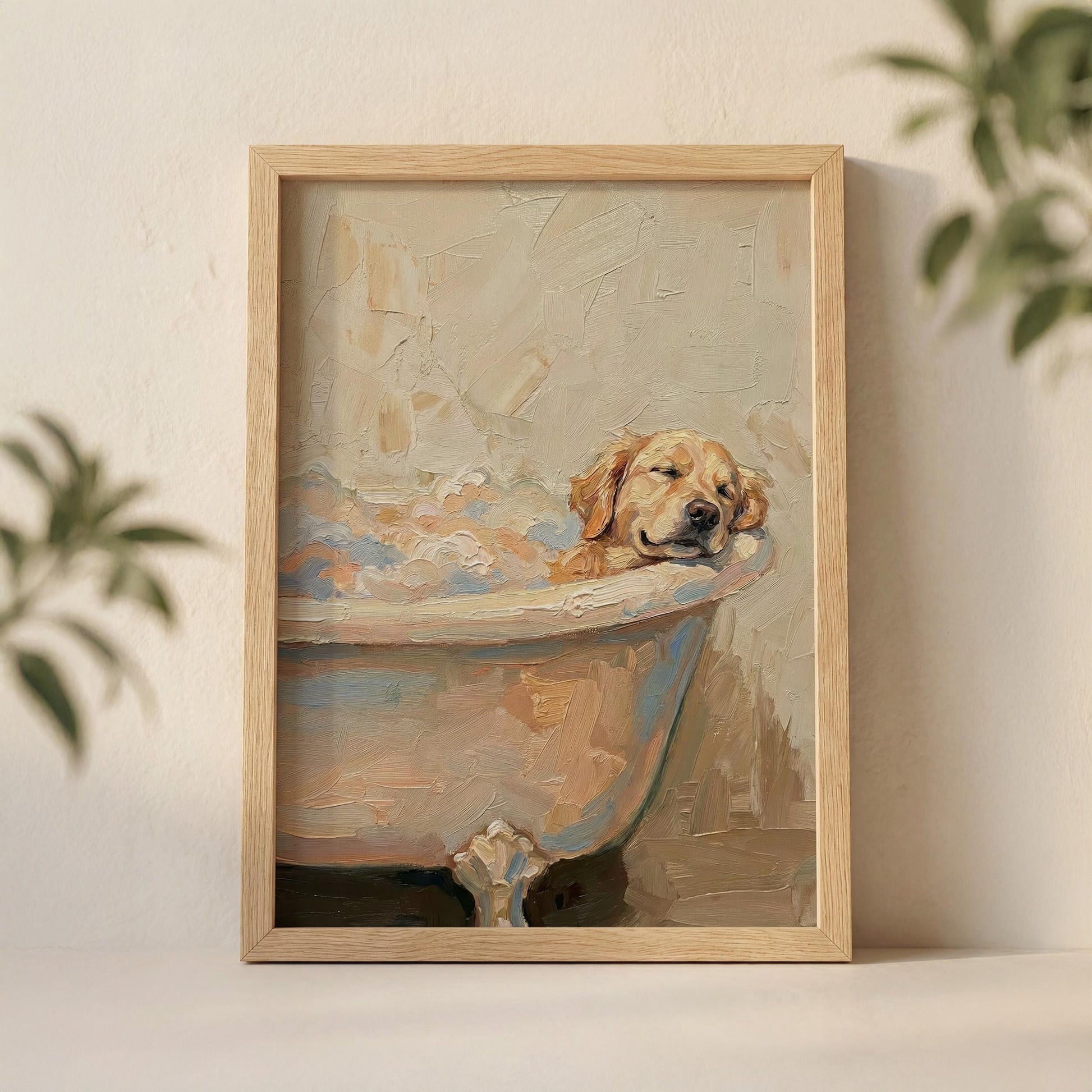 Golden retriever śpiący w wannie — plakat do łazienki