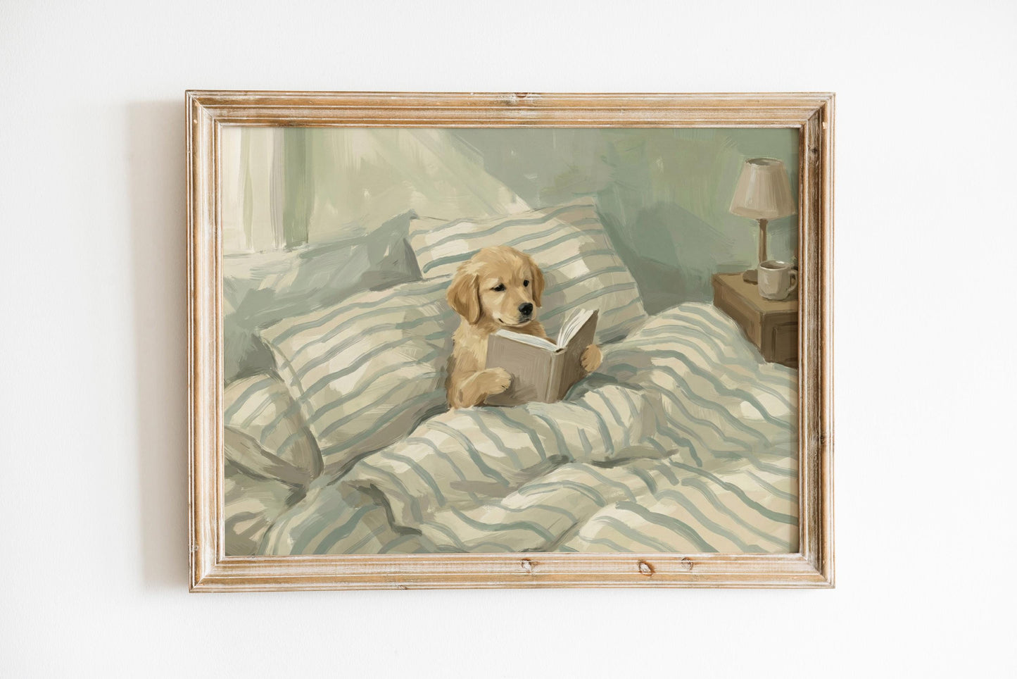 Szczeniak golden retrievera z książką — plakat