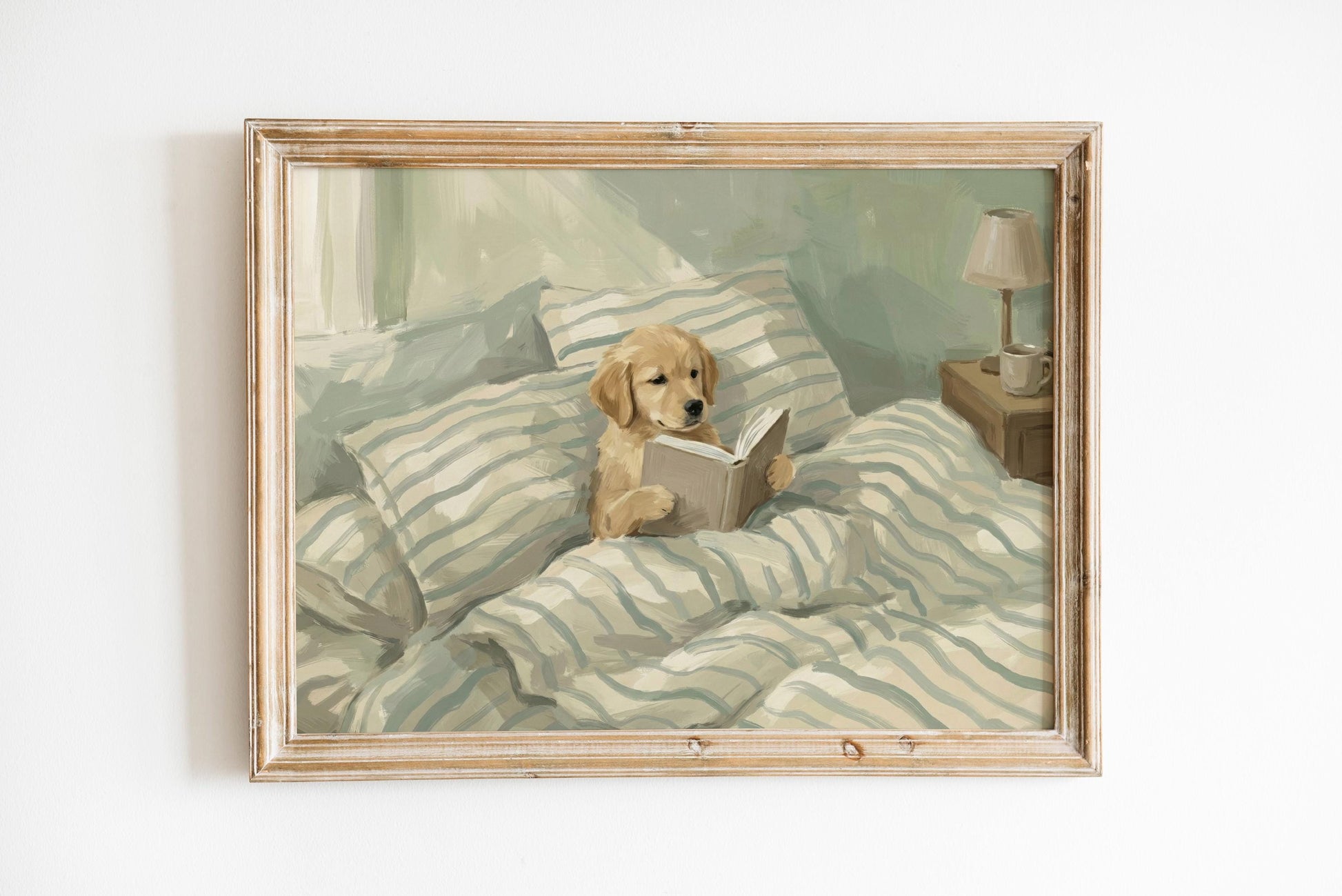 Szczeniak golden retrievera z książką — plakat