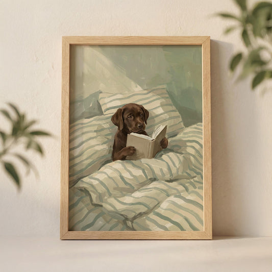 Czekoladowy labrador czytający w łóżku — plakat